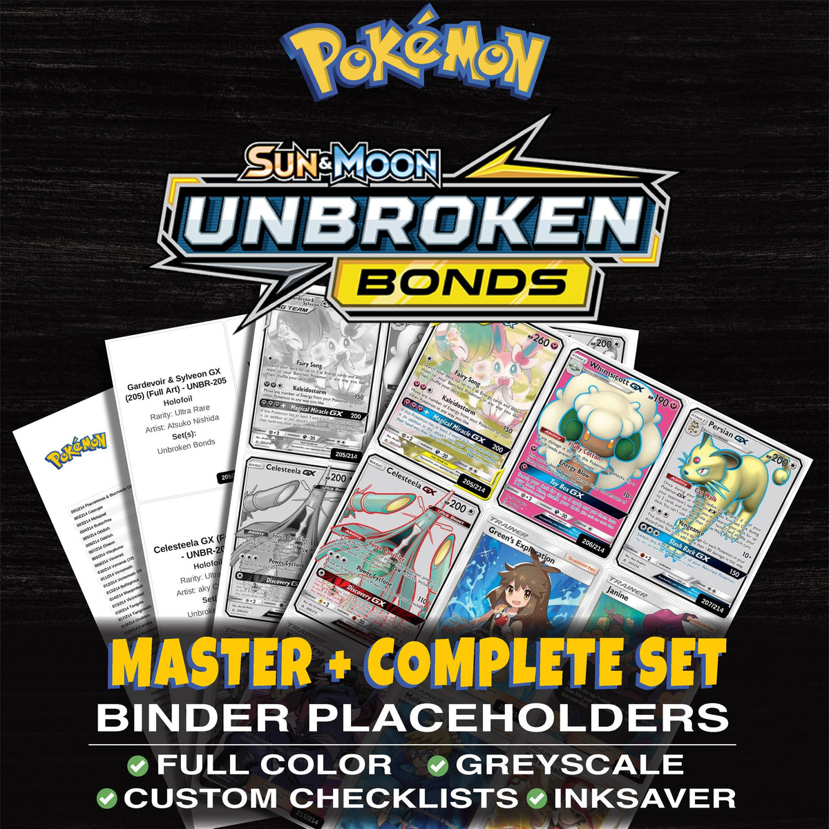 Unbroken Bonds Pokemon binder placeholders printable PDF - includes Gardevoir & Sylveon GX (205) (Full Art)