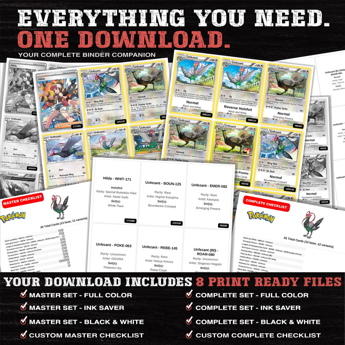 Everything included in the Unfezant master set download - 8 PDF files