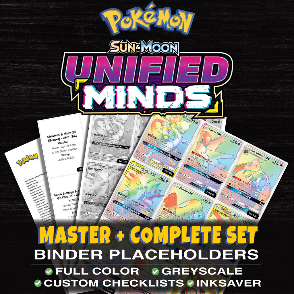 Unified Minds Pokemon binder placeholders printable PDF - includes Mewtwo & Mew GX (Secret)