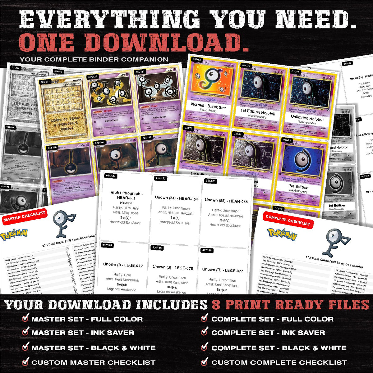 Everything included in the Unown master set download - 8 PDF files
