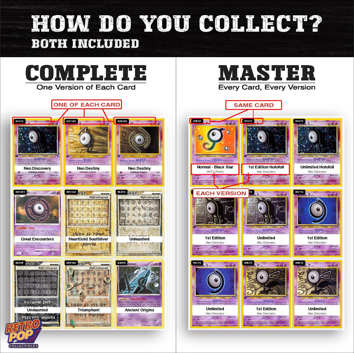 Complete Set vs Master Set versions of the Unown binder placeholders