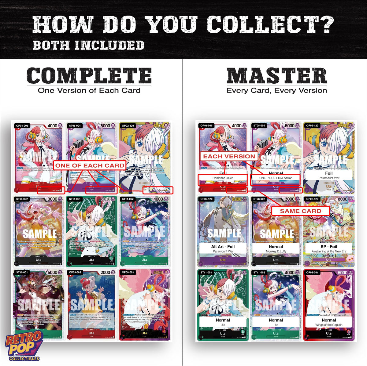 Complete Set vs Master Set versions of Uta One Piece binder placeholders