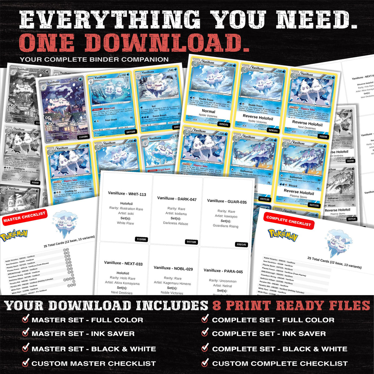 Everything included in the Vanilluxe master set download - 8 PDF files