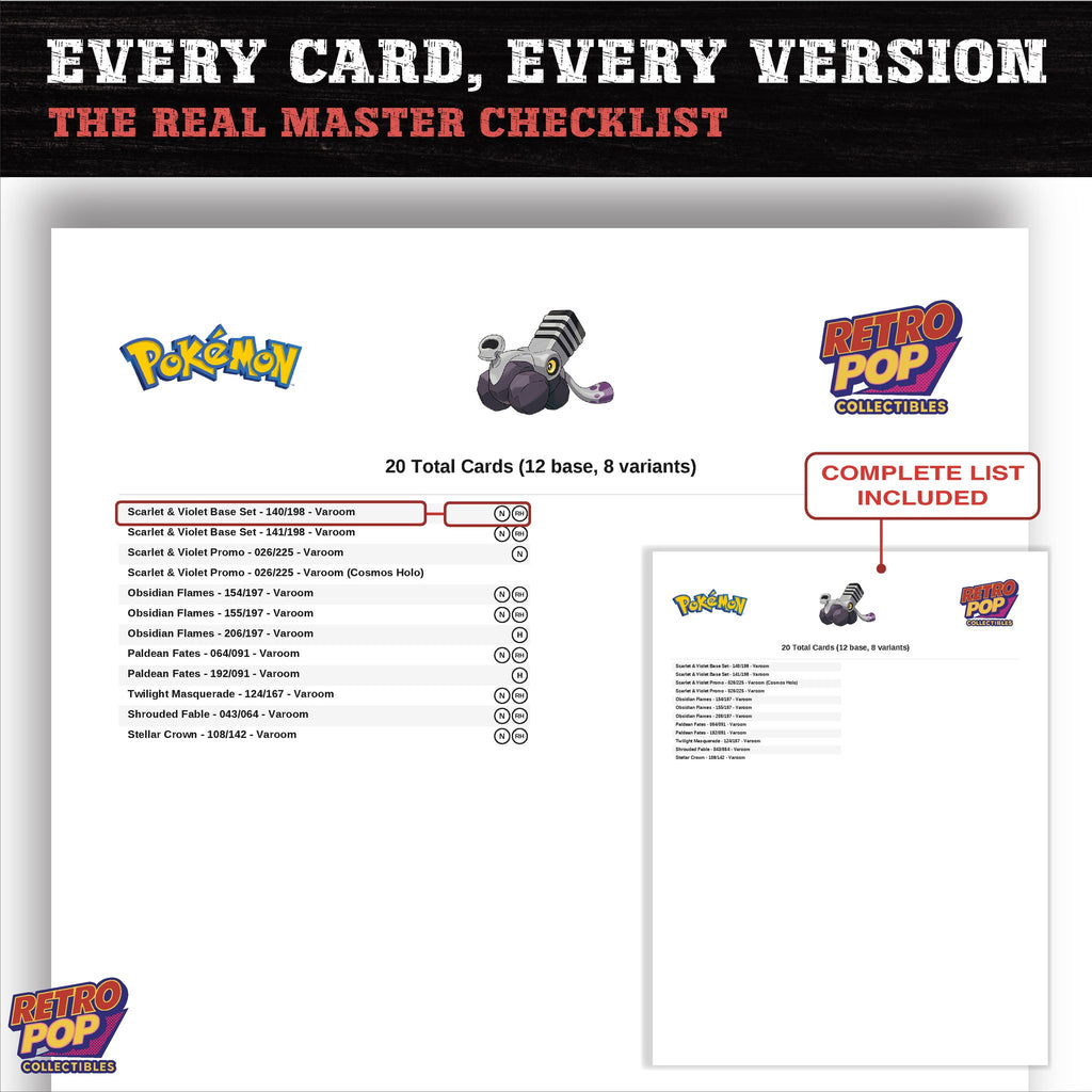 Varoom master set checklist PDF preview - every card listed
