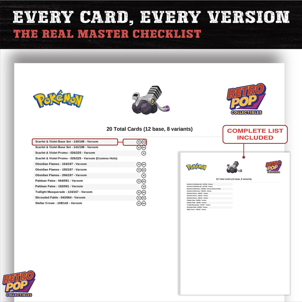 Varoom master set checklist PDF preview - every card listed