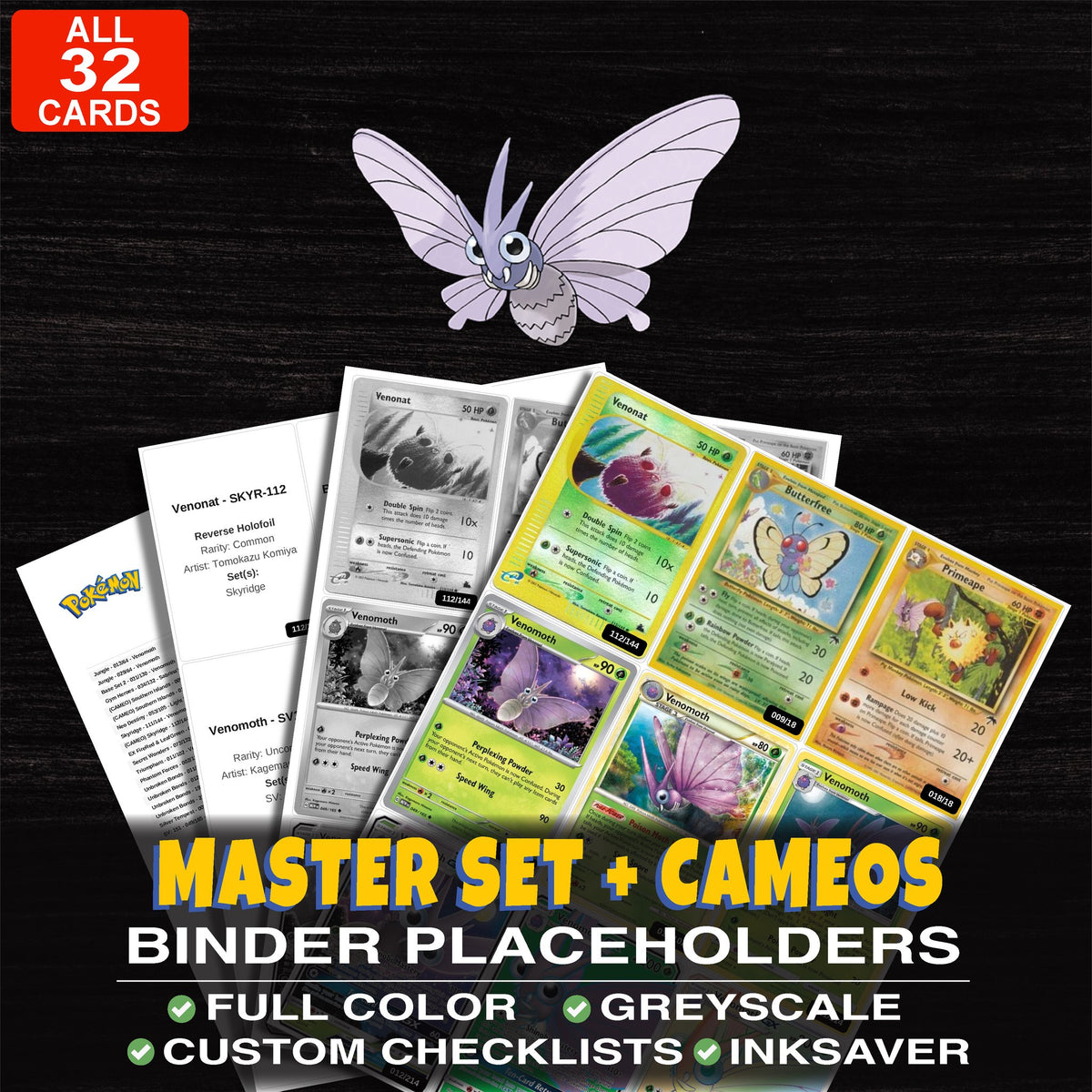 Every Venomoth Pokemon card ever made - master set binder placeholders with Venomoth