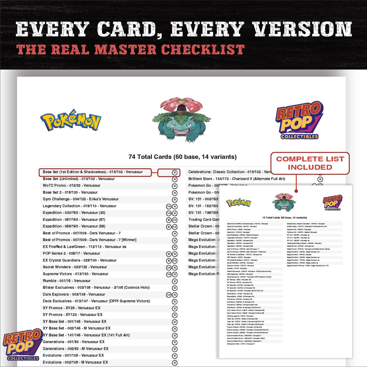 Venusaur master set checklist PDF preview - every card listed