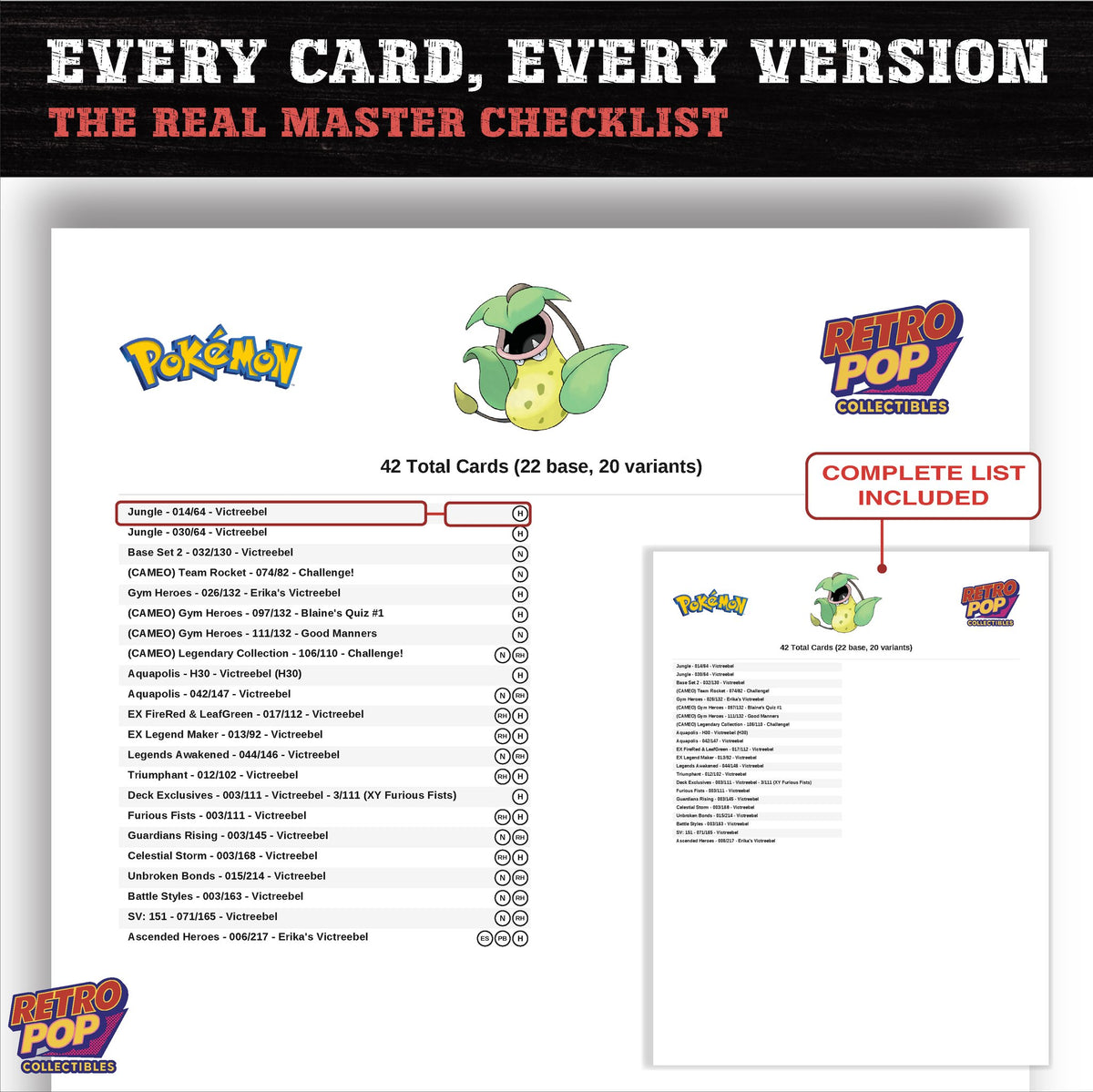 Victreebel master set checklist PDF preview - every card listed