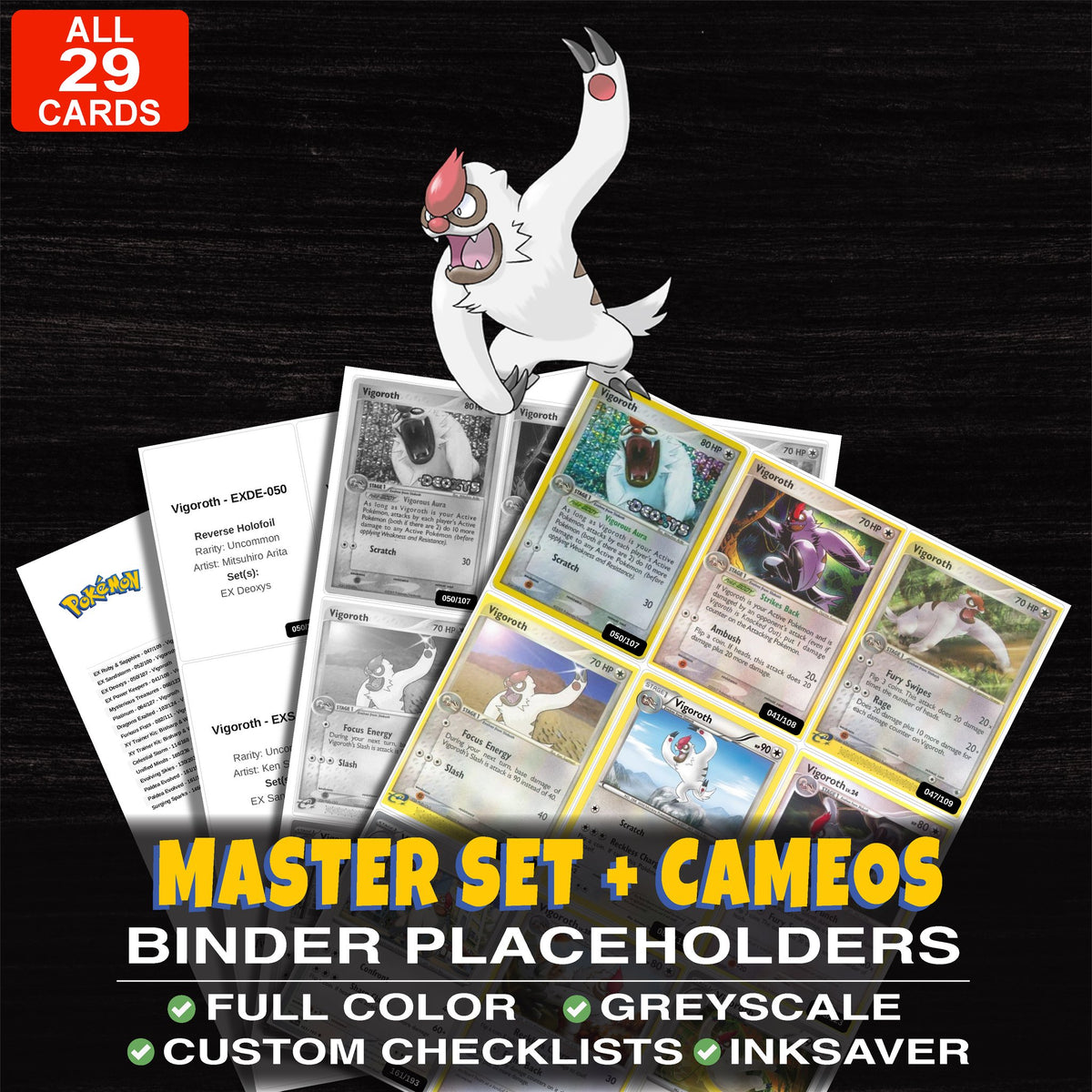 Every Vigoroth Pokemon card ever made - master set binder placeholders with Vigoroth
