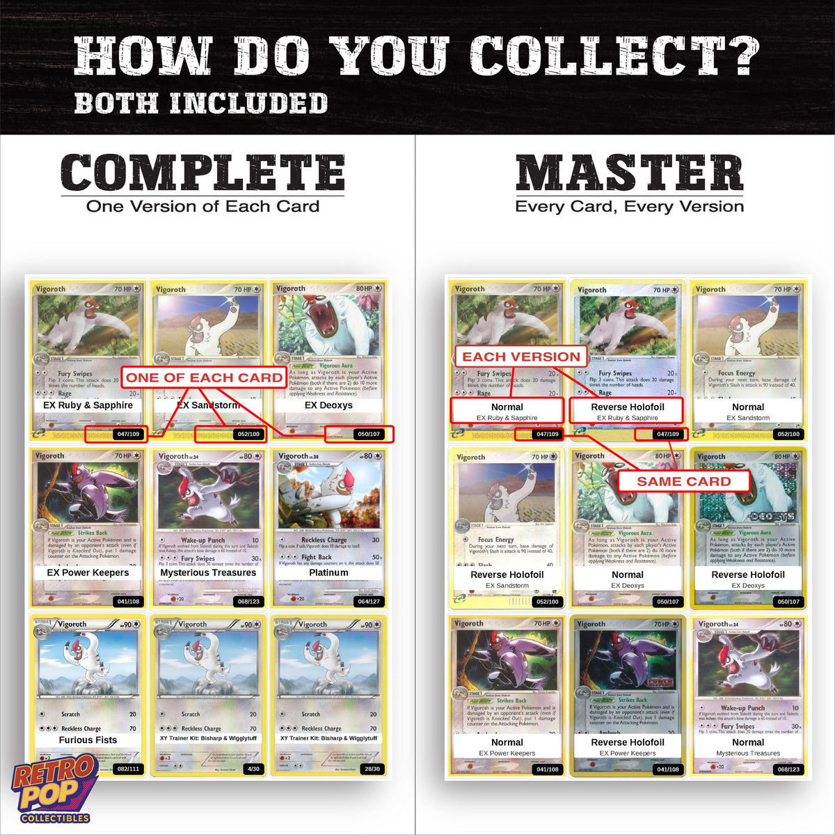 Complete Set vs Master Set versions of the Vigoroth binder placeholders