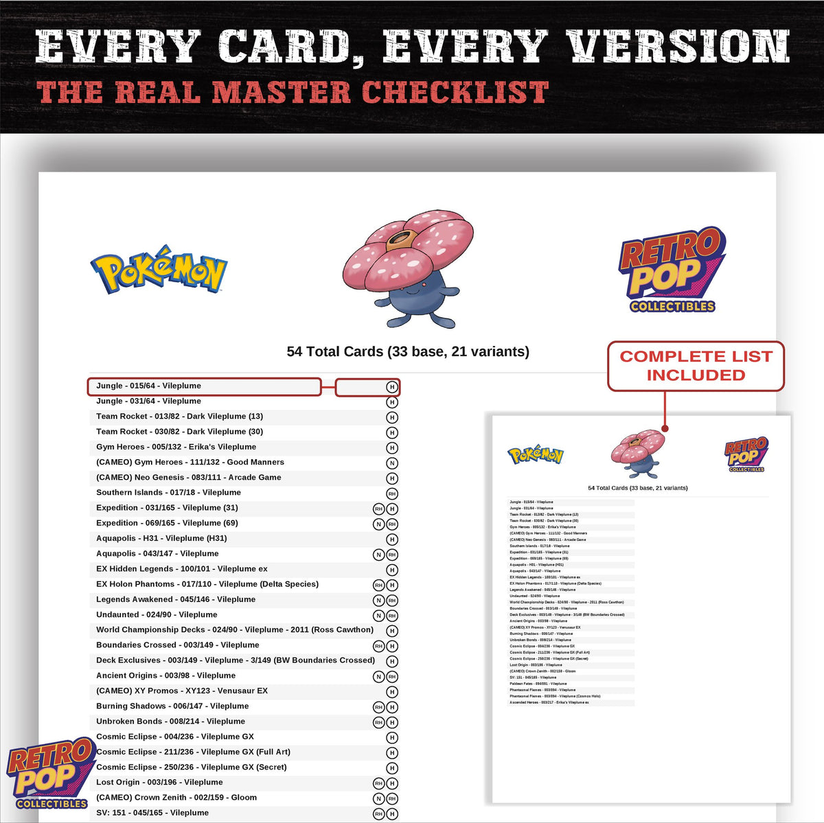 Vileplume master set checklist PDF preview - every card listed