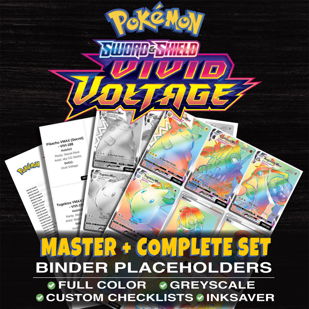 Vivid Voltage Pokemon binder placeholders printable PDF - includes Pikachu VMAX (Secret)