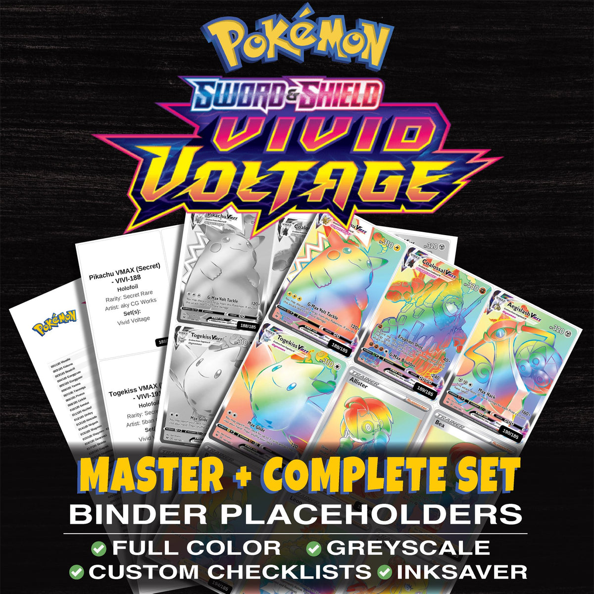 Vivid Voltage Pokemon binder placeholders printable PDF - includes Pikachu VMAX (Secret)