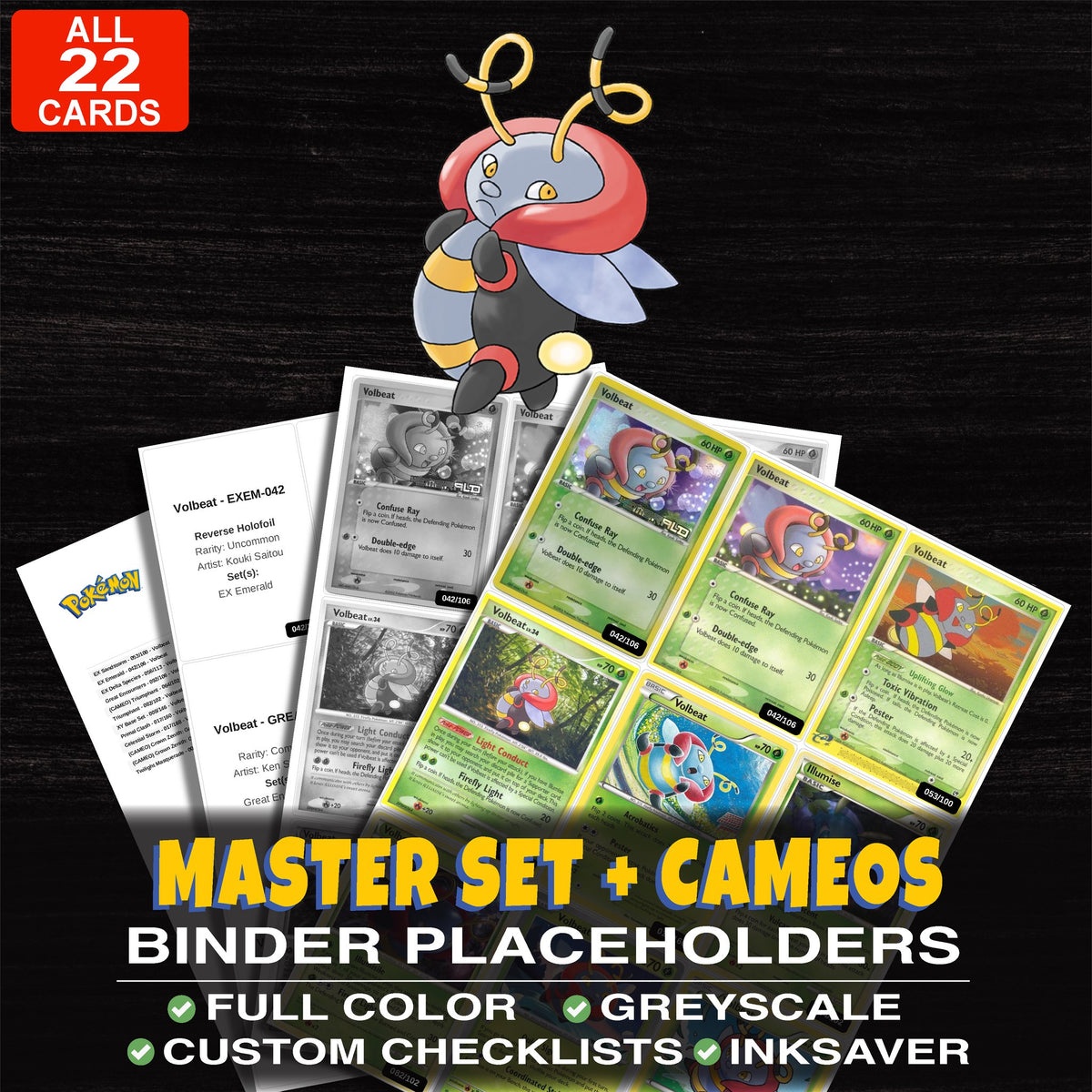 Every Volbeat Pokemon card ever made - master set binder placeholders with Volbeat