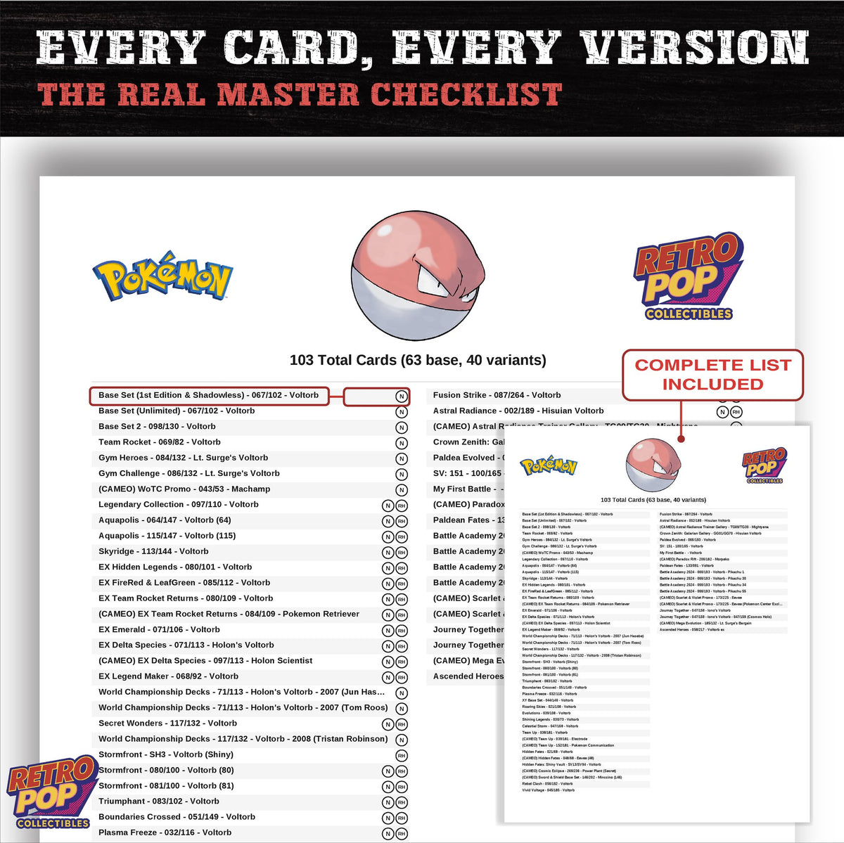 Voltorb master set checklist PDF preview - every card listed