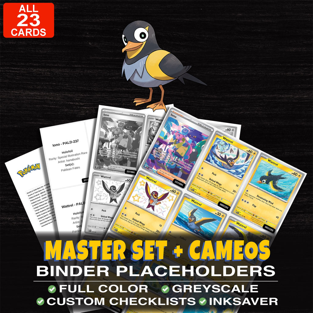 Every Wattrel Pokemon card ever made - master set binder placeholders with Wattrel