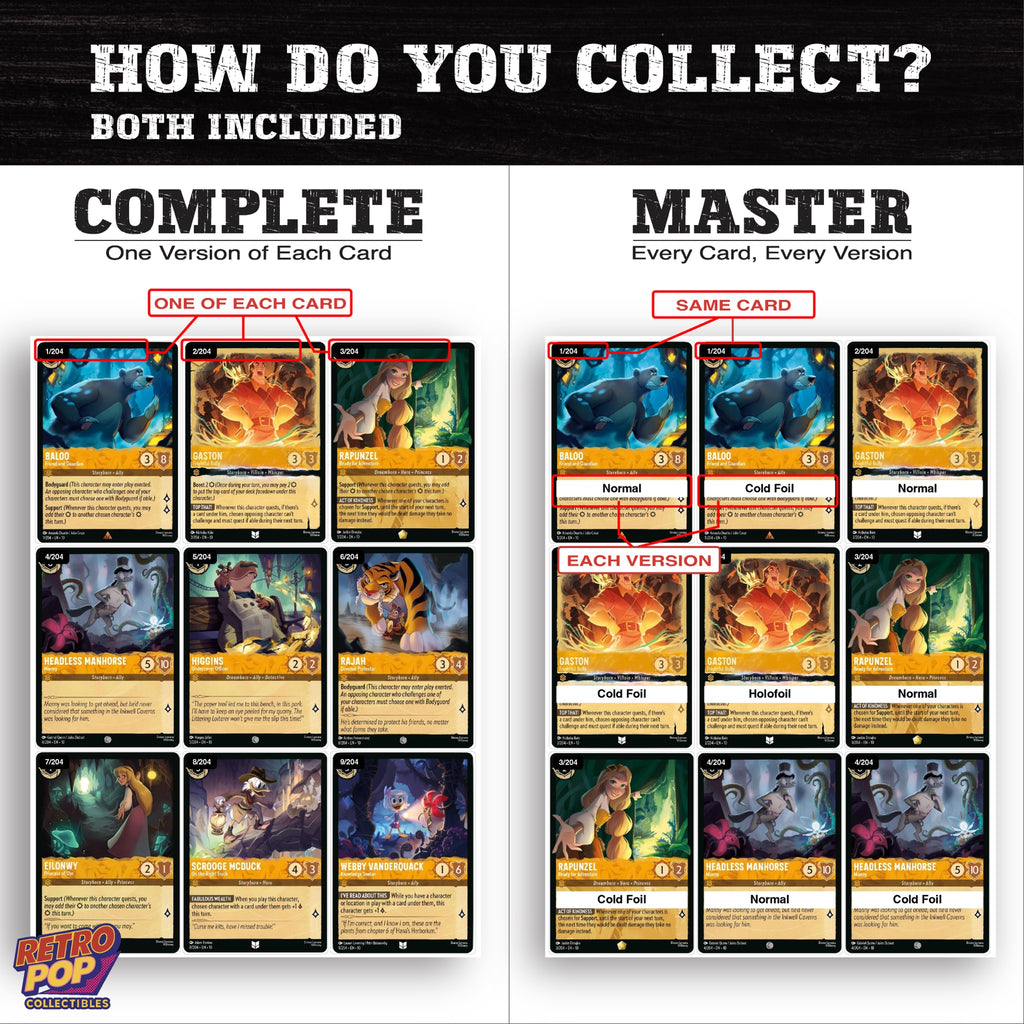 Complete Set vs Master Set versions of Whispers in the Well Lorcana binder placeholders