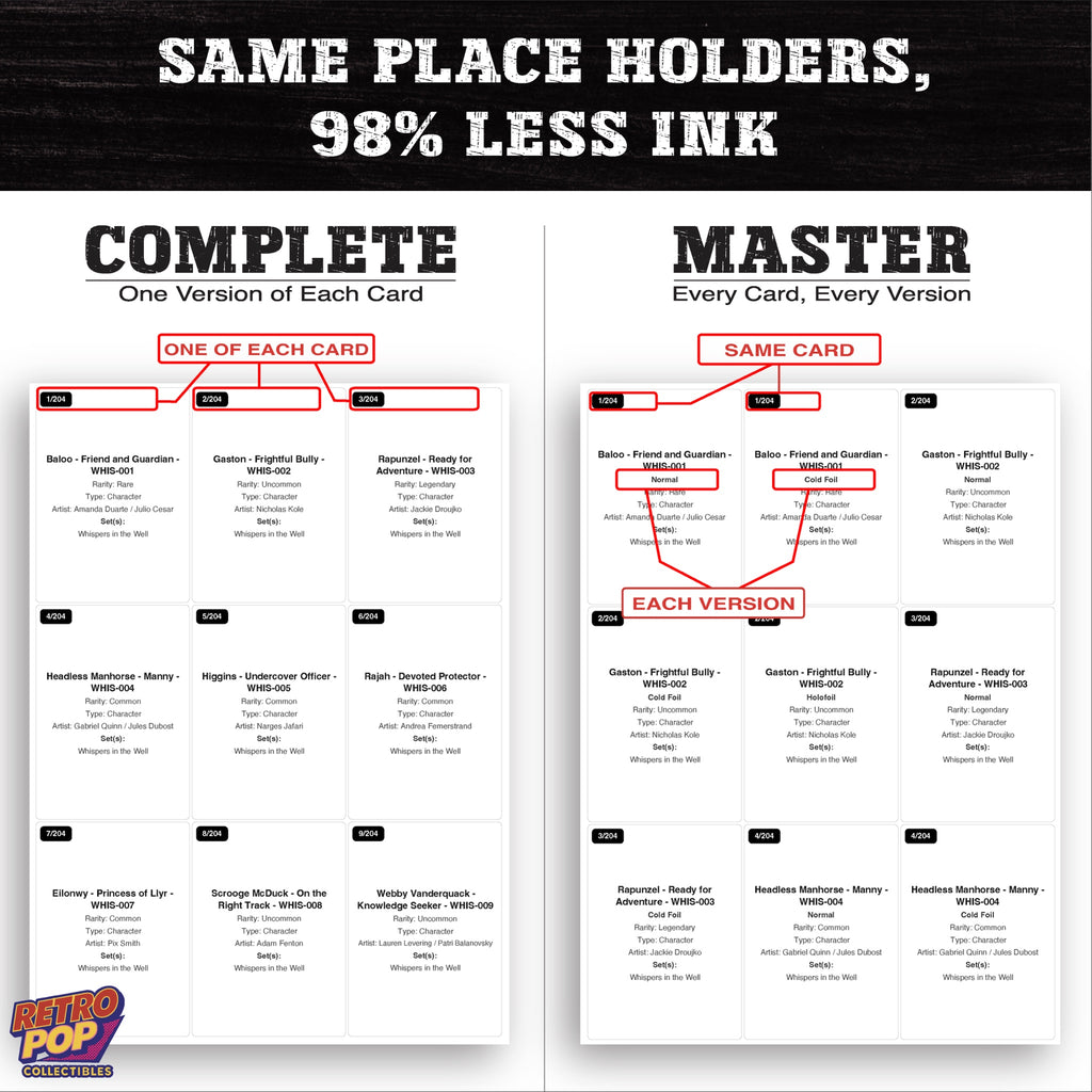 Ink saver greyscale Whispers in the Well Lorcana placeholder sheet - 98 percent less ink