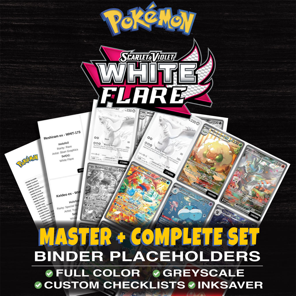 White Flare Pokemon binder placeholders printable PDF - includes Reshiram ex