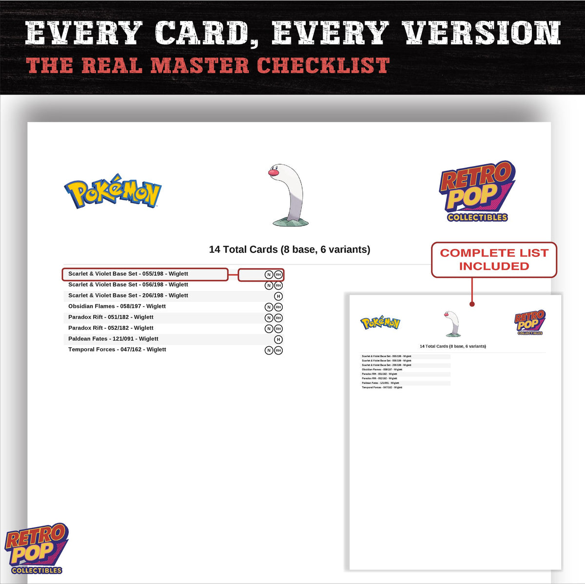 Wiglett master set checklist PDF preview - every card listed