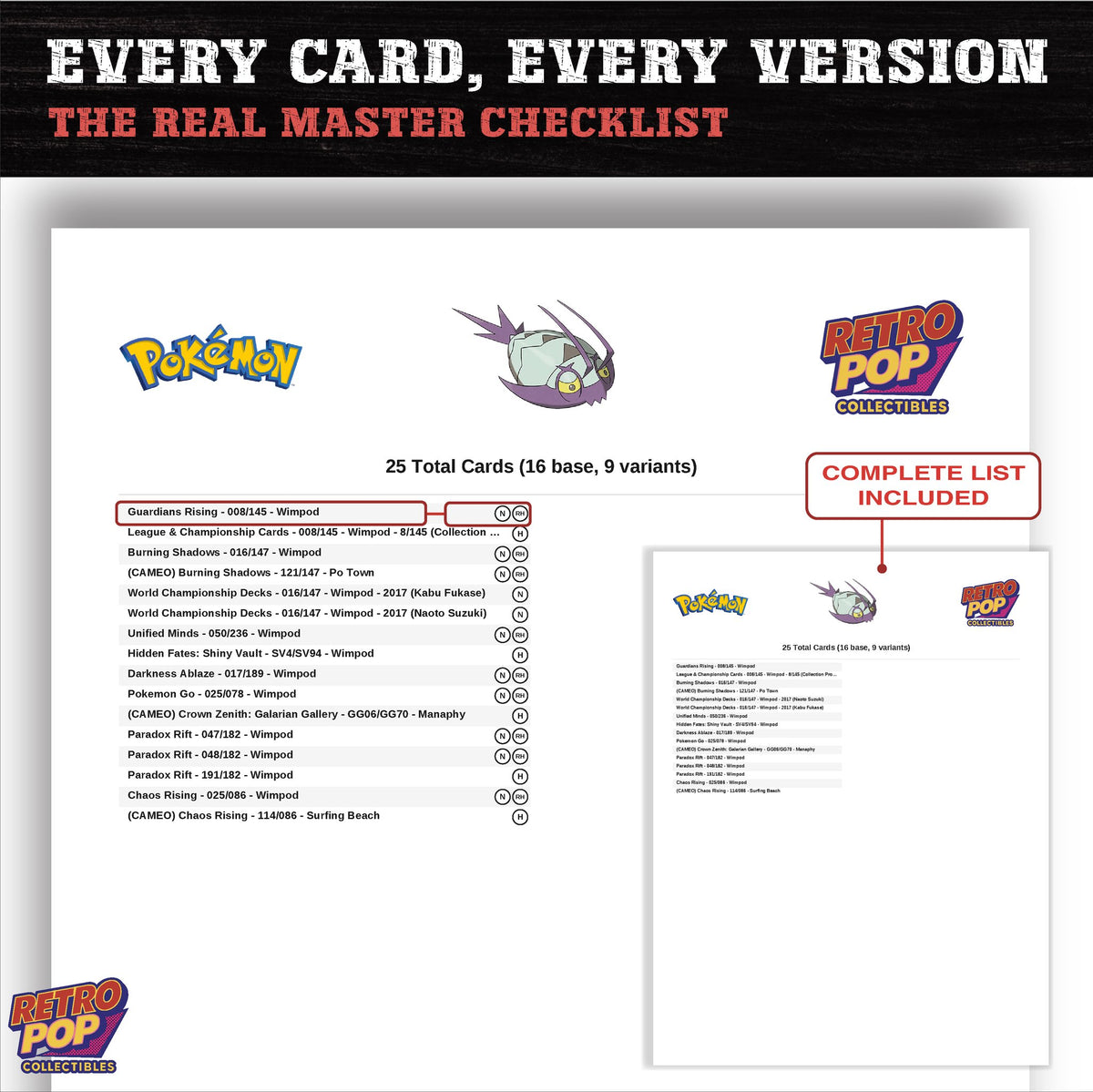 Wimpod master set checklist PDF preview - every card listed