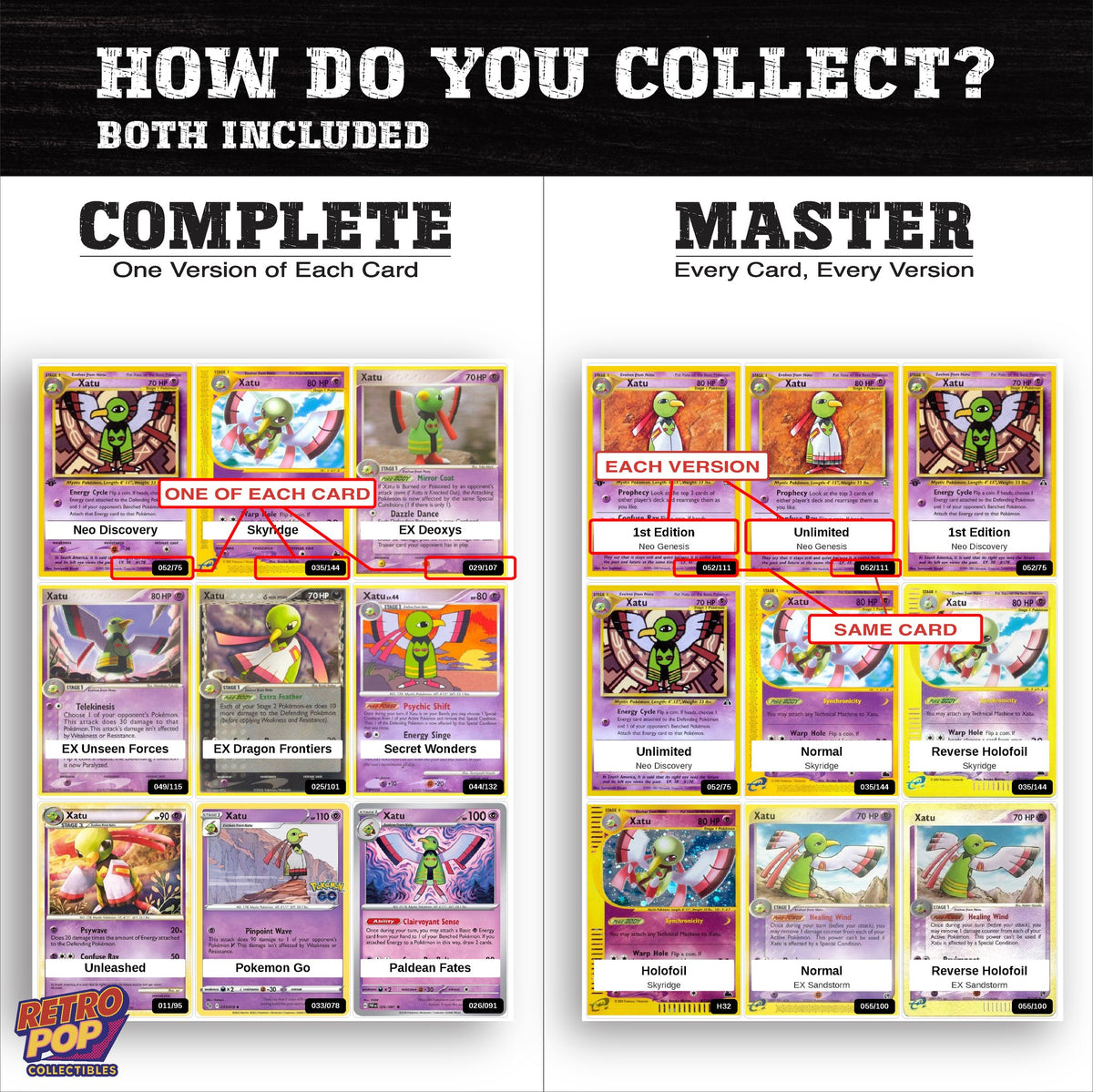 Complete Set vs Master Set versions of the Xatu binder placeholders