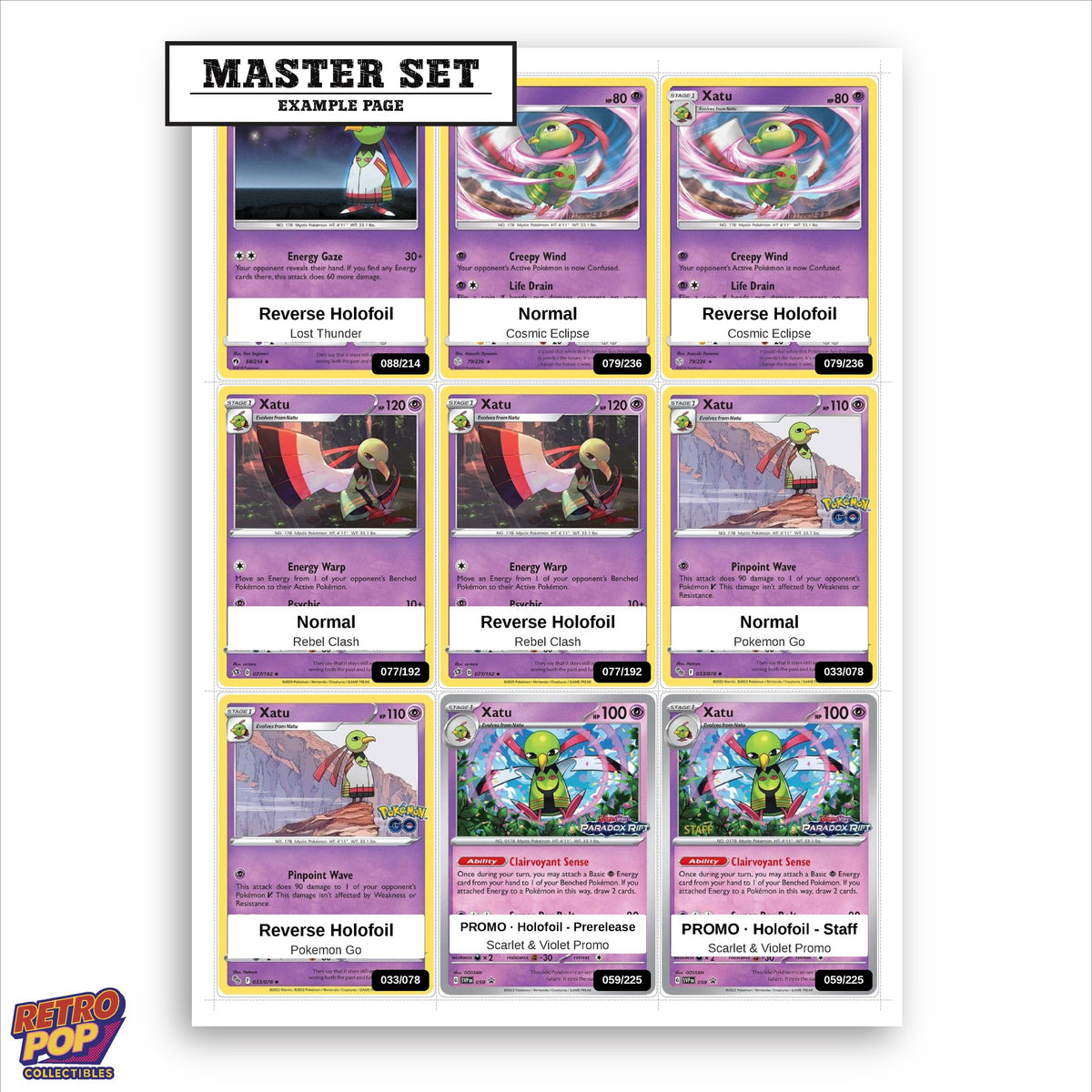 Printed Xatu Pokemon placeholders in binder - real photo 1