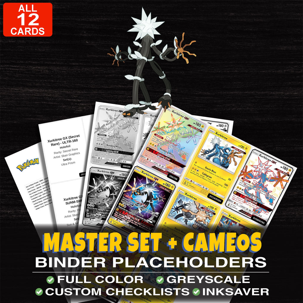 Every Xurkitree Pokemon card ever made - master set binder placeholders with Xurkitree GX (Secret Rare)
