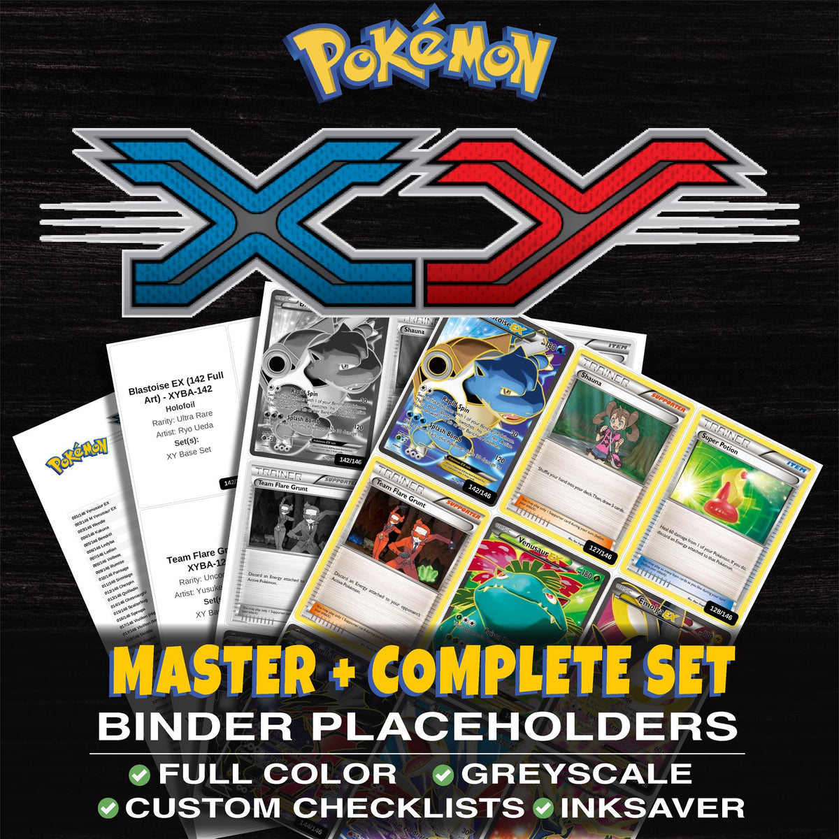 XY Base Set Pokemon binder placeholders printable PDF - includes Blastoise EX (142 Full Art)