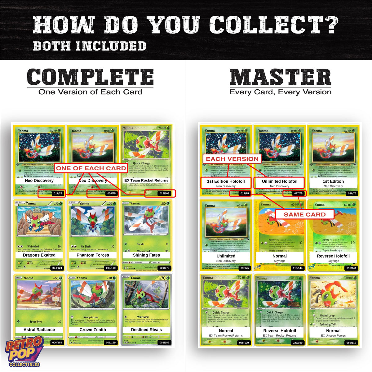 Complete Set vs Master Set versions of the Yanma binder placeholders