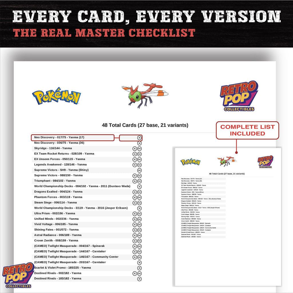 Yanma master set checklist PDF preview - every card listed