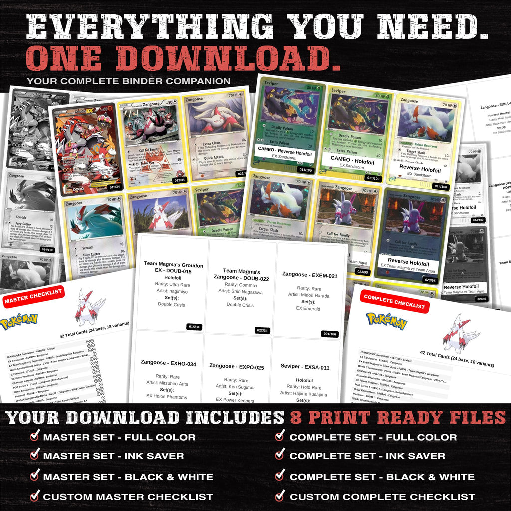 Everything included in the Zangoose master set download - 8 PDF files