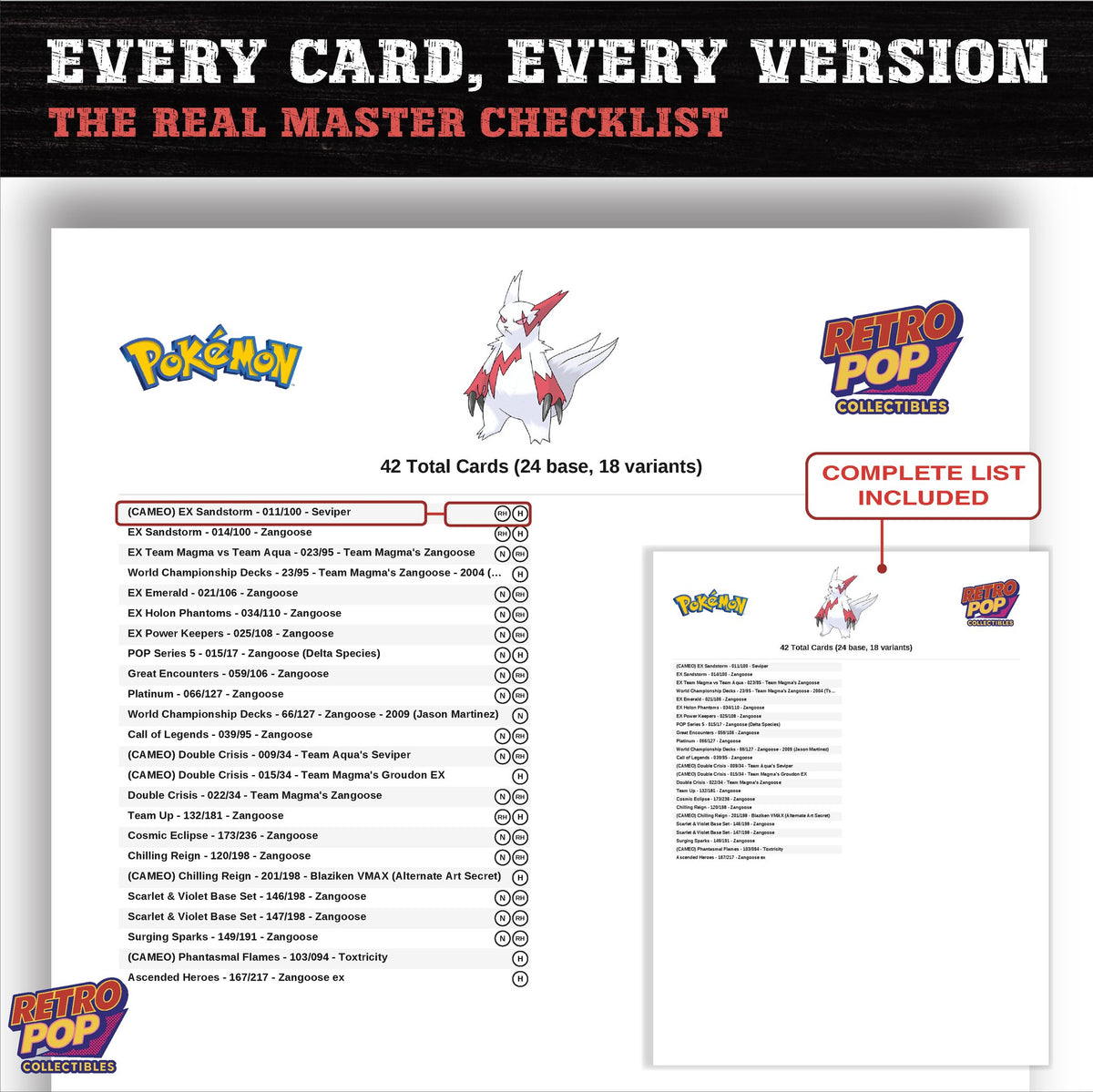 Zangoose master set checklist PDF preview - every card listed