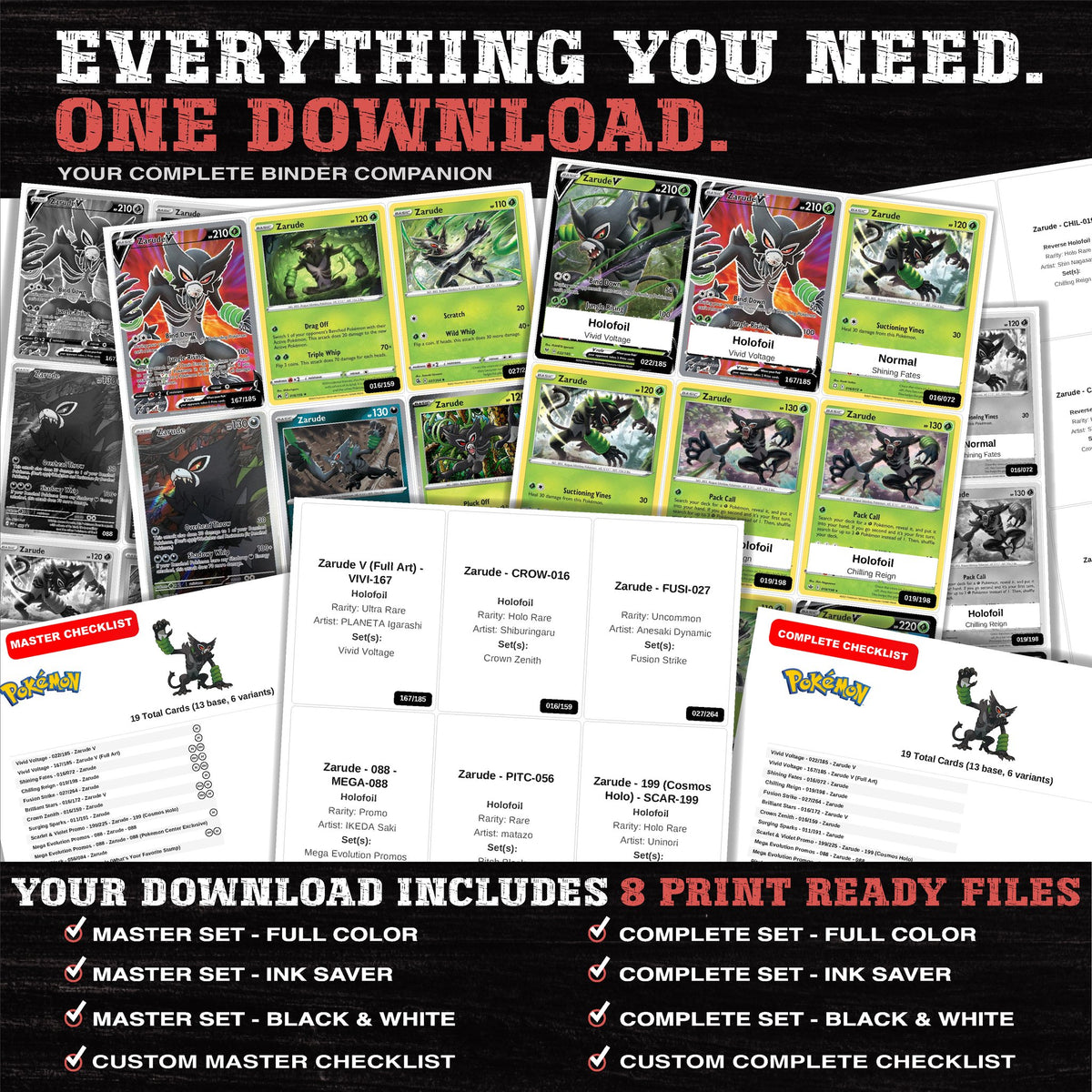 Everything included in the Zarude master set download - 8 PDF files