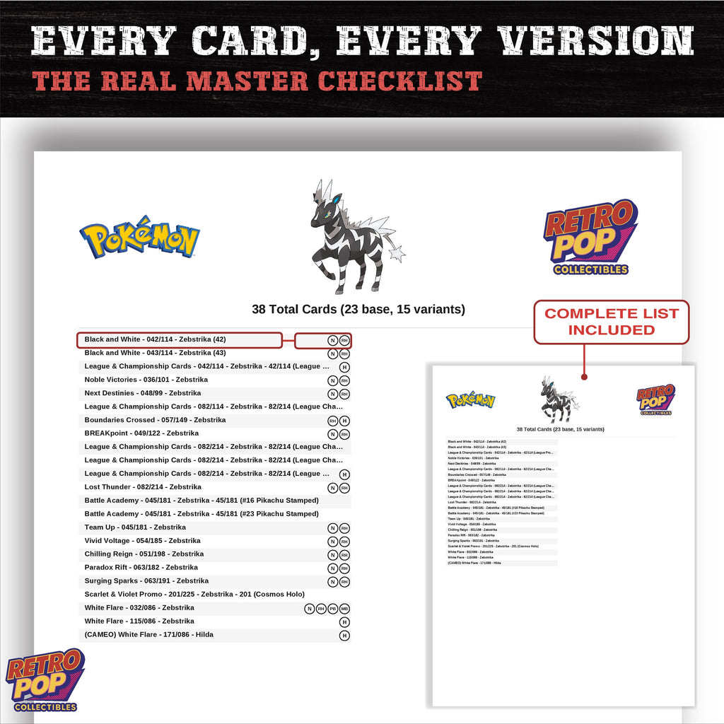 Zebstrika master set checklist PDF preview - every card listed