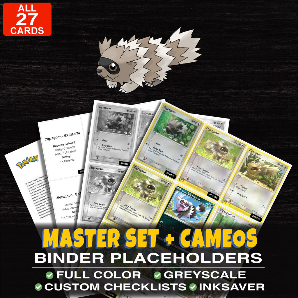 Every Zigzagoon Pokemon card ever made - master set binder placeholders with Zigzagoon
