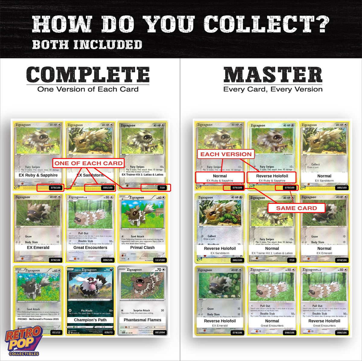 Complete Set vs Master Set versions of the Zigzagoon binder placeholders