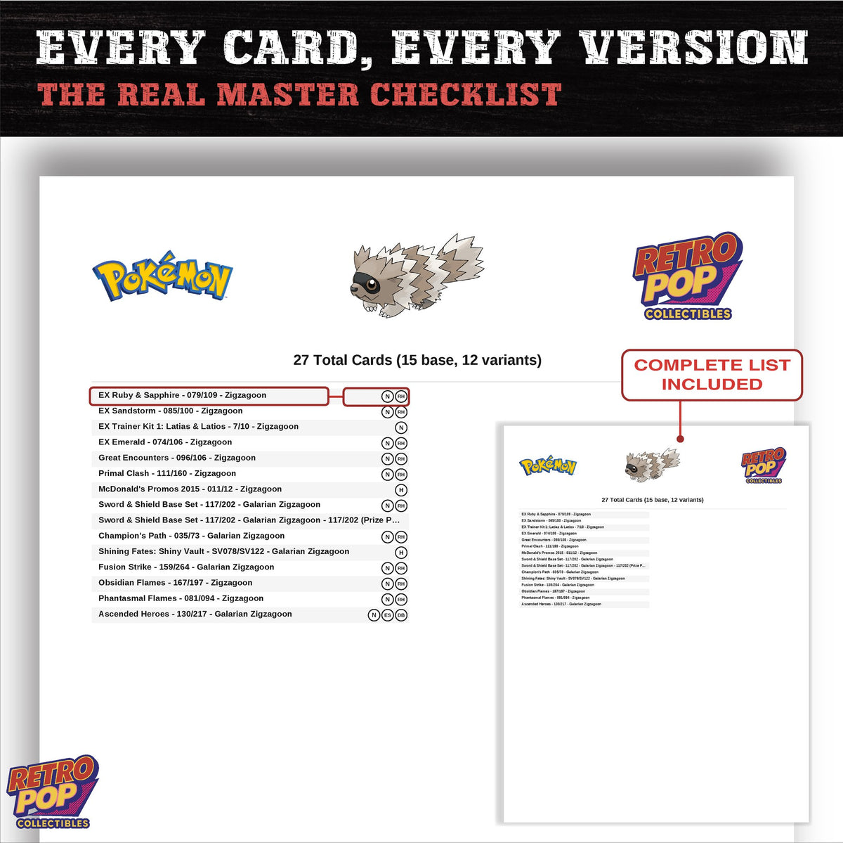 Zigzagoon master set checklist PDF preview - every card listed