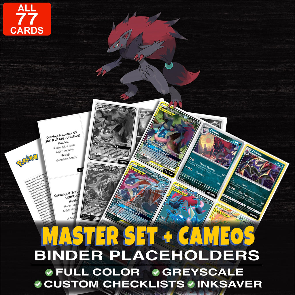Every Zoroark Pokemon card ever made - master set binder placeholders with Greninja & Zoroark GX (201) (Full Art)